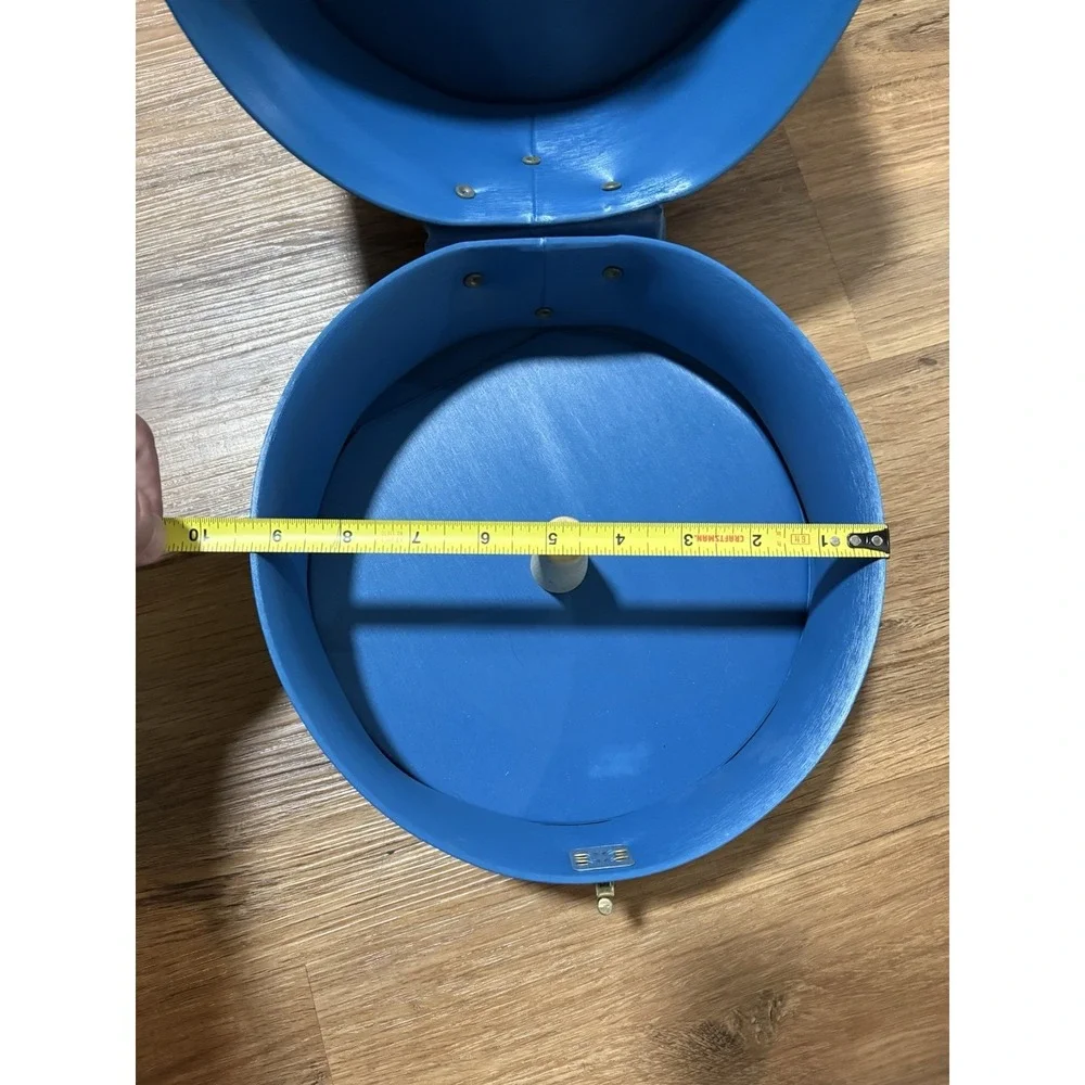 Vintage Blue Vinyl Wig Case Hat Box Travel Storage Carrier Mid Century Round